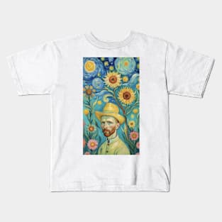 Starry Sunflower Reverie: Van Gogh Inspired Portrait Kids T-Shirt